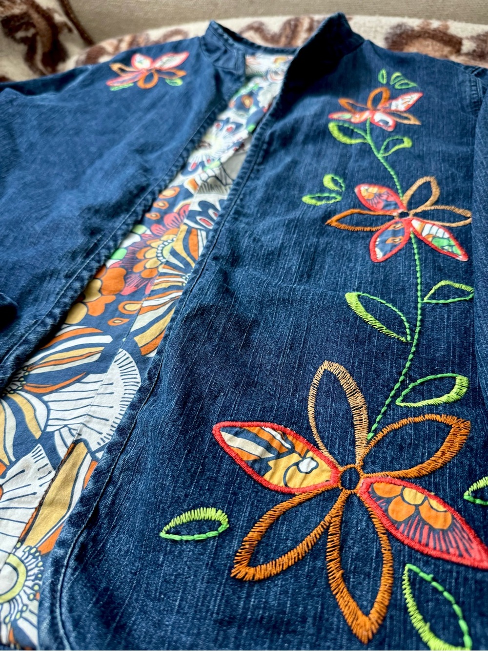 Boho Embroidered Floral Denim Jacket with Psychedelic Lining No Size